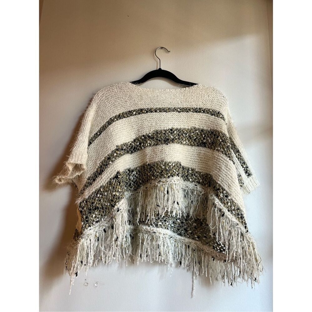 $128 anthropologie moth crew neck metallic fringe poncho sweater oversized m4